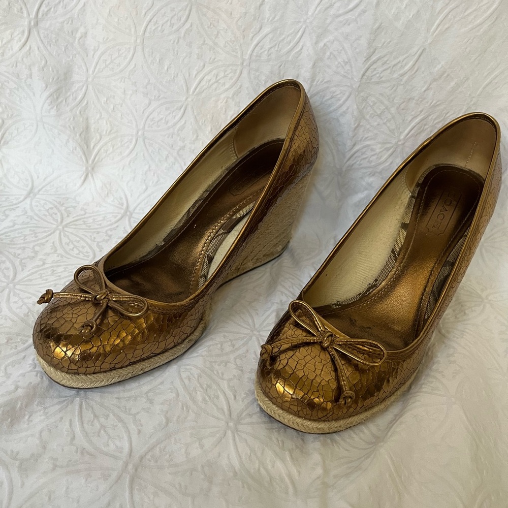Coach metallic gold espadrille wedge heel
